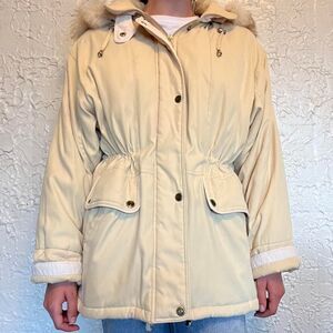Bernardo Winter Coat Fox Fur Hood Women's L Yellow Cream Zip